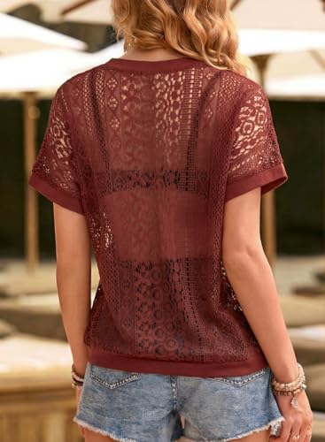 EVALESS Womens Spring Summer Tops 2026 Casual Lace Tops Crewneck Short Sleeve Shirts Sexy Patchwork Cut Out T Shirts Sheer Crochet Knit Beach Cover Up Women's Clothing Red Dahlia X-Large — view 4