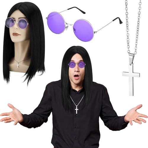 Highergo 3 Pcs Mens 80s Rock Costume Wig with Purple Round Hippie Glasses Cross Pendant Necklace 80s Hip Hop Rock Cosplay Costume Accessories for Men Halloween Cosplay Party Accessories