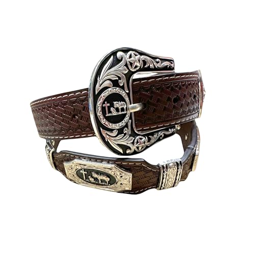 Leather Western Belts For Men Cowboy Praying at Cross Concho High End Tooled Rodeo Mens Belt Hand Crafted