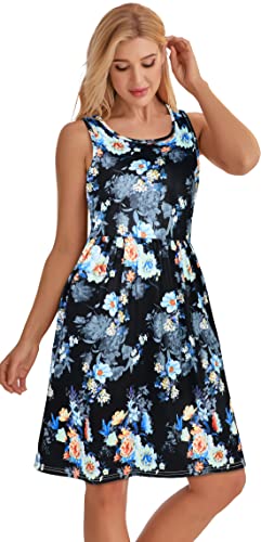 Sundresses For Women Summer Beach Floral Midi Casual Swing Tshirt Plus Size Dresses(Black Grey Flower,L) #TOP3
