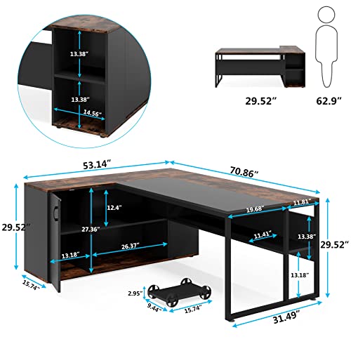 Image of Tribesigns 71 inch Executive Desk, L Shaped Desk with Cabinet Storage, Executive Office Desk with Shelves, Business Furniture Workstation for Home Office, Brown and Black