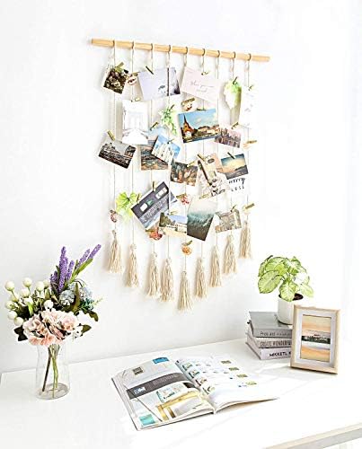 Mkouo Hanging Photo Display Macrame Wall Hanging Pictures Decor Boho Chic Home Decoration for Apartment Bedroom Living Room Gallery, with 40 Wood Clips, 94cm(L) x 64.7cm(W)