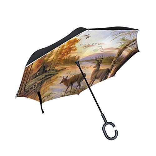 Sawhonn Coucher De Soleil Forêt Cerf Rivière Parapluie Inversé Double Couche Inversée Parapluie Pliable Coupe-Vent Anti-UV Soleil Poignée en Forme C de Voiture Cover