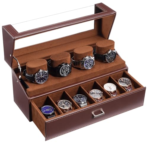 ProCase Watch Case for Men, 10 Slot Watch Display Stand with Acrylic Lid, Watch Display Case with Drawer, 2-Layer Mens Watch Box, Watch Holder Organiz