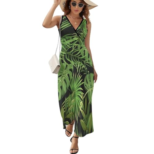 Robe longue d'été sans manches à col V et motif feuille verte bohème