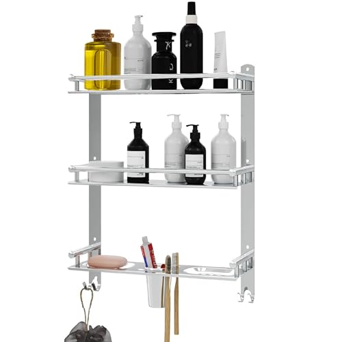 Image of Bathroom Organizer Without Drill - Corner, Shelves, Rack, Shelf, Storage, wall, Racks and Adhesive, Mounted, self Holder, soap, Stand Bathroom Accessories (Three Layer (6 in 1))