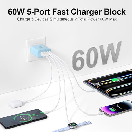 Image of USB C Charger Block, 60W 5-Port Type C Charger Fast Charging Blocks | USBC Multiple Port Wall Charger Plug for iPhone 17 /16 /15 /14 /13 /12 /11 Pro Max, Samsung Galaxy, Android Phone, iPad, Blue