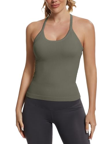 Image of MathCat Seamless Workout Tank Tops with Built in Bra,Racerback Athletic Tank Tops Ribbed Soft Yoga Shirts XS-XL