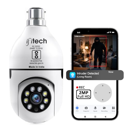 Image of IFITech 1080p HD Smart Wi-Fi CCTV Home Security Camera | Indoor 360 Smart CCTV Camera | Bulb Camera | 256GB SD Card Support (Not Included) | Perfect for Home, Office Monitoring [2024 Model]