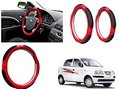 Image of Microfiber Car Steering Wheel Cover, Soft Padding Great Hand Feel, Anti-Slip, Faux Leather Steering Cover for Hyundai Santro Xing | Black Red Jali - Pack of 1