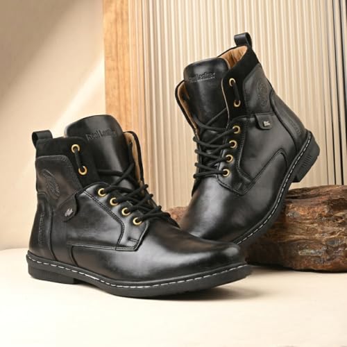 Image of Leatherette Black Trendy Tough Heavy Duty Lace Ups High Ankle Length Mens Casual Long Boots Shoe Island for Men (BAB980-AZ)