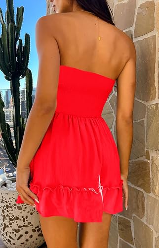 Image of Tsher Tube Top Dress for Women Summer Solid Strapless Mini Dresses Off The Shoudler Ruffle Beach Cover Sundress