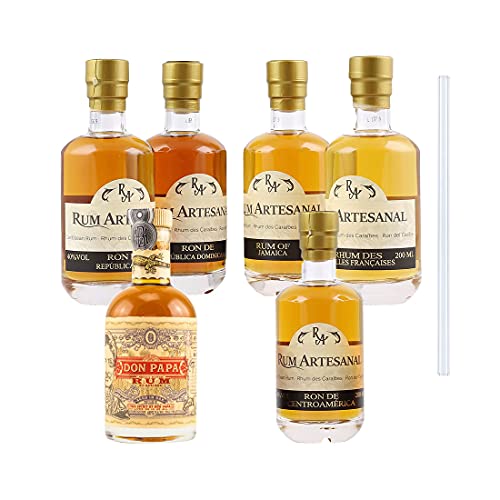 Don Papa Rum und RA Rum aus Venezuela, Dom.Rep. Panama, Jamaica, Cuba. 6er Rum Set, inkl. 1 Glasdrinkhalme (6x0,2l)