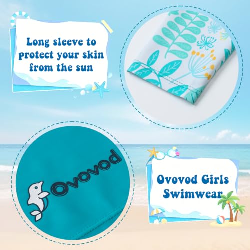 Image of Girls Swimsuit Two Piece Rash Guard Set for 4-14 Years UPF 50+ UV Protective Long Sleeve Swimwear