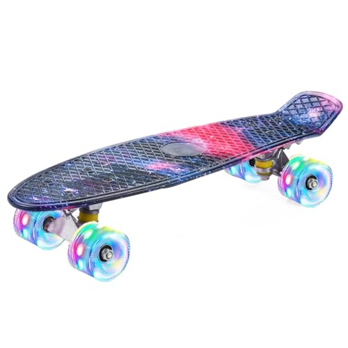 ERNAN Skateboard Komplette 22 Zoll Mini Cruiser Skateboard für Kinder Mit LED Leuchtrollen Skate Board Für Erwachsene Kinder Jungen Anfänger (Starry Sky)