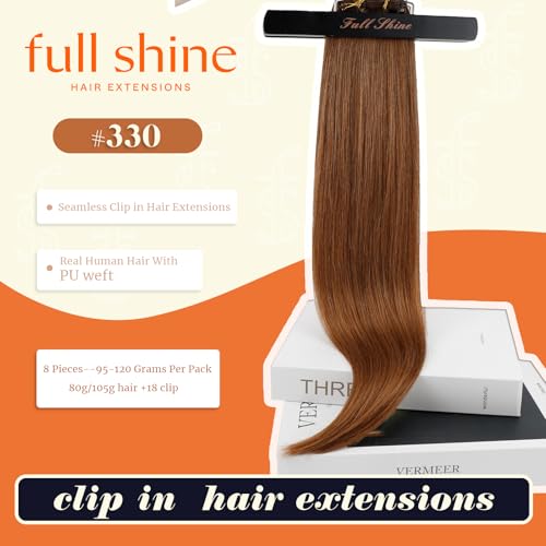 Image of Full Shine Seamless Hair Extensions Clip in Copper Brown Clip in Hair Extensions Brown Seamless Clip ins Straight Brazilian Hair Ease of Use 14 Inch 8 PCS 120 G