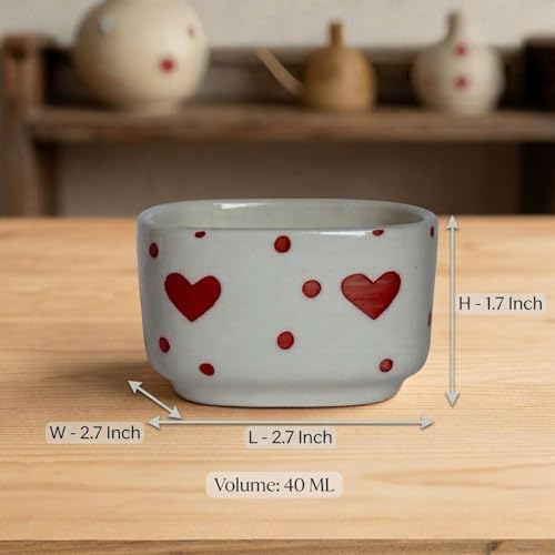Image of Freakway Ceramic Dip Bowls with Heart Shape Design, White and Red, Set of 2, Microwave Safe, 40 ml