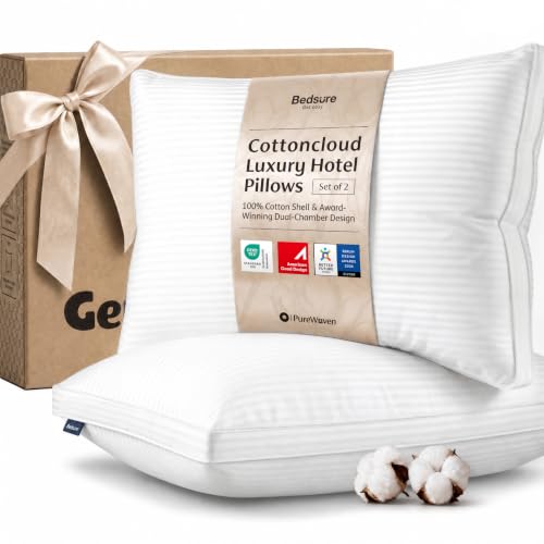 Image of Bedsure Purewoven Hotel Pillows Standard Size Set of 2 with Cotton Shell | Down Alternative Dual Chamber Construction Fill Gusseted Pillows for Fluffy Support, Ideal for Back & Stomach Sleepers