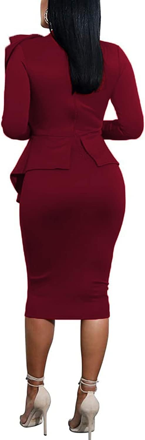 Women's Peplum Bodycon Long Sleeve Wear to Work Dresses Bow Party Club Ruffle Formal Cocktail Pencil Dress - Image 4