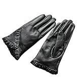 Womens Black Genuine Goatskin Leather Gloves Lace Floral Short Touchscreen Driving Fashion Dress Gloves