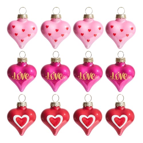 WDS WONDROUS 12Pcs Heart Ornaments Set, 3 Style Pink Red Heart Baubles for Valentine's Day Wedding...