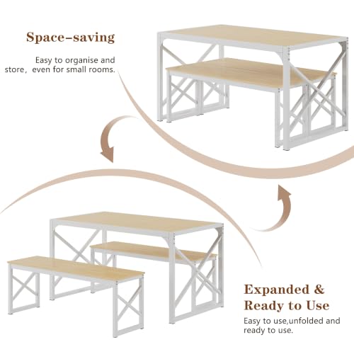 Image of VECELO 55 inch Kitchen Dining Table Set for 4, Heavy-Duty Steel Frame & Wood-Grain Tabletop, Space-Saving Dinette Sets with 2 Benches for Breakfast Nook and Small Space, Natural