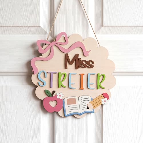 Sliner DIY 3D Teacher Door Sign 12 Classroom Welcome Door Sign DIY Wooden Letter Name Plate with Mr/mrs/miss Personalized Appreciation Teacher Gifts for Back to School Classroom Decor(Bow)