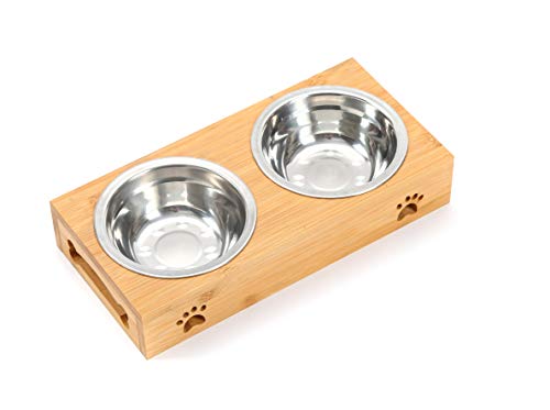 Rinoct木製セラミックダブルボウルラック 猫犬用食器台 2 サイズ選べる 無垢材で安定性 取っ手付き利便性高 健康清潔 インテリアにも馴染むペット食事台 (ステンレス鋼モデル)