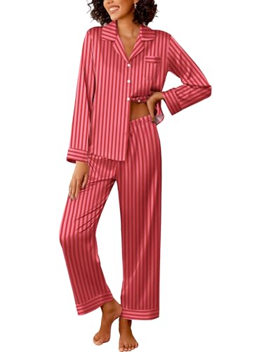 Image of Ekouaer Womens Silk Satin Pajama Sets 2 Piece Sleepwear Pjs Set Long Sleeve Button Down Top and Pants Stripe Loungewear S-XXL