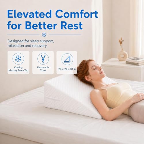 Image of OAISZ Wedge Pillow for Sleep Apnea, 10-Inch Memory Foam Top, PureWhite | Bed Wedge Pillow for Headboard Triangle, Acid Reflux, After Surgery, Snoring, Provide Comfort for Reading and Gaming in Bed