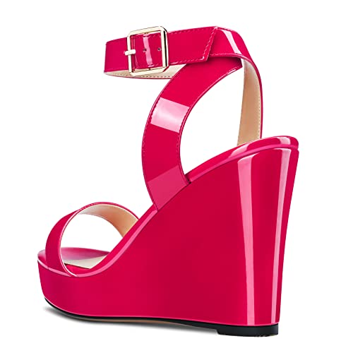 Image of Aachcol Women Platform Wedge Sandals Round Peep Open Toe Ankle Strap Slingback Two-Piece Chunky Block High Heel Dress Shoes Pumps Party Patent 4 Inch