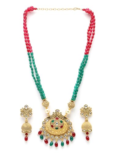 Image of Adiva Stylish Traditional Gold-Plated Kundan Stone Studded & Pearls Handcrafted Necklace with Earrings Jewellery Set for Women & Girls