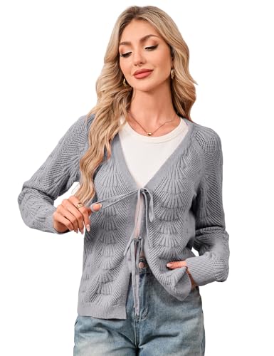 Yesfashion Damen Strickjacke Leichte Gestrickt Cardigan Cropped Strickpullover Elegante Langarm Strick Jacken Grau M