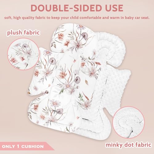 Image of Infant Car Seat Insert and Strap Covers, Very Soft Car Seat Head Support Baby Girl Boy, Reversible Newborn Carseat Insert Cushion Fits for Stroller, Baby Swing, Bouncer (White Flower)