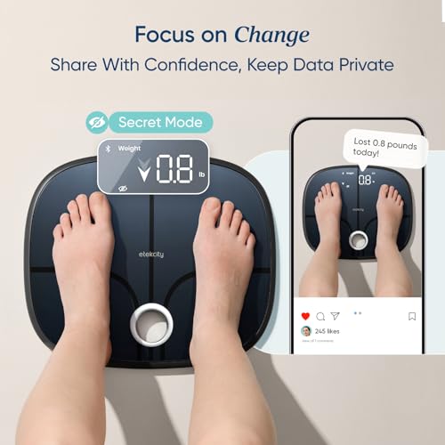 Image of Etekcity Smart Rechargeable Scale for Body Weight, BMI, Fat, Muscle Mass, Digital Bathroom Scale with 13 Metrics, Secret Mode, Bluetooth Connect to Free Apps, Stealth Black