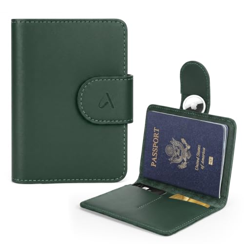 Image of ALLIVE Passport Holder for Travel, Genuine Leather Passport Holder with AirTag Hidden, Rfid Passport Cover Travel Wallet for Airport Essentials, Travel Must Haves Gifts (Forest Green)