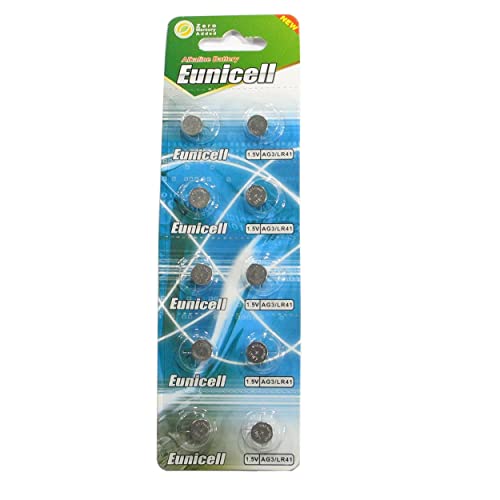 10 Eunicell AG3 / LR41 / 192/392 Pilas de botón de Larga Vida útil 0% de Mercurio (Fecha de caducidad marcada)