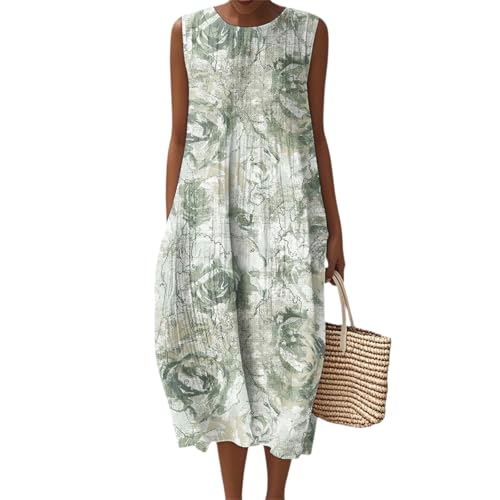 Maxikleider Damen,Leinenkleider Damen Sommer Maxi Kleid mit Taschen Strandkleider Ärmellos Casual Sommerkleid Lässiges Langes Lockeres Bodenlanger...