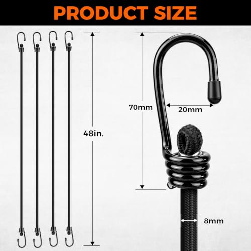 Image of 4-Piece 48 Inch Bungee Cords with Hooks, Heavy Duty Outdoor Elastic Bungee Straps, Industrial Grade Bungee Cord for Securing Tarps, Luggage, Tents, Bikes or Garden Tidying