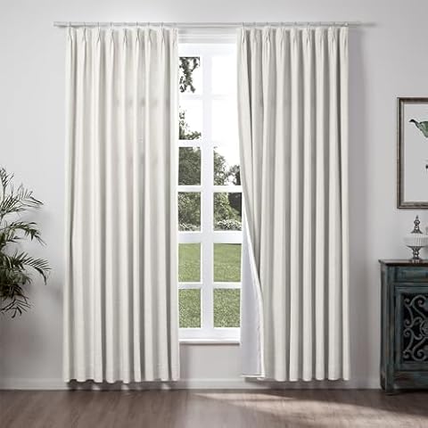 ChadMade 50" W x 96" L Polyester Linen Drape with Blackout Lining Pinch Pleat Curtain for Sliding Door Patio Door Living Room Bedroom, (1 Panel) Beige White Tallis Collection Cover