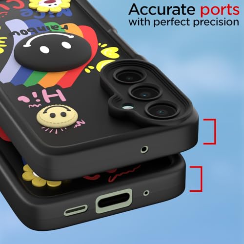 Image of Pikkme Back Cover for Samsung Galaxy M16 5G | Soft Silicone| Cute Rainbow Smile & 3D Cartoon Flower Design | Shockproof Raised Camera Protection Bumper Case (Black)
