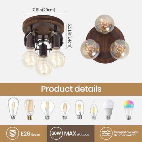 Image of 3-Light Rustic Track Lighting, Adjustable Flush Mount Ceiling Light with Espresso Wood Base, Dark Bronze Ceiling Track Light for Kitchen Island, Dining Room, Hallway, Entryway