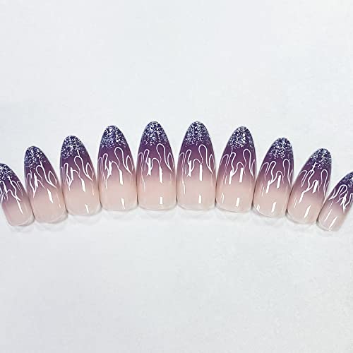 24 Pcs Almond Press On Nails Medium French Tips Fake Nails Purple Glossy Acrylic False Nails White Flame Pattern And Multicolour Glitter Design Sticke On Artificial Nails For Women And Girl #TOP1