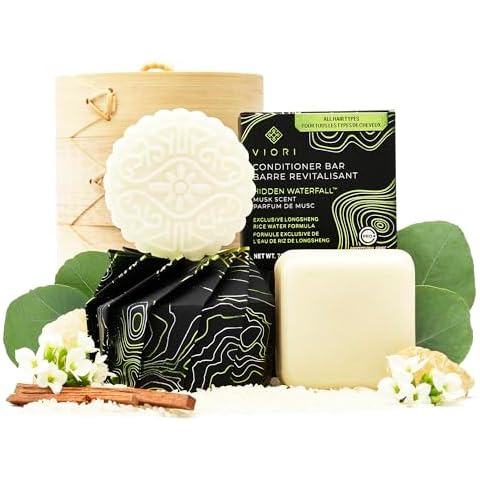 Viori Hidden Waterfall Shampoo and Conditioner Bar Set and Bamboo Holder - Made with Rice Water for Hair Growth - Handcrafted Sulfate Free Shampoo and Conditioner Cover