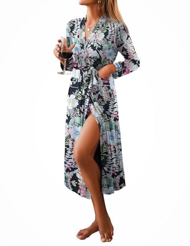 Ekouaer Women Kimono Robes Full Length Knit Bathrobe Lightweight Soft Sleepwear V-neck Casual Ladies Loungewear S-XXL