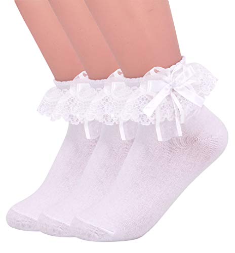 SEMOHOLLI Women Cotton Lace Ruffle Princess Style Dress Socks, Women Lace Socks with a Bow on Top (3 Pairs-white)