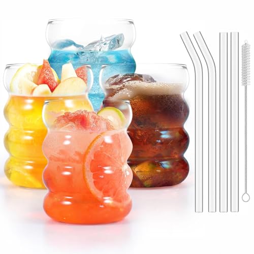 ZkateTrade 4 Stück Gerippte Trinkgläser mit Glasstrohhalmen 350ml Bubble Gläser Gerippte Eiskaffeegläser Wave Gläser Tumbler Wassergläser mit Pinsel für Cocktail Wasser Soda
