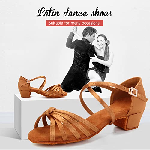 YKXLM Silk Fabric Brown Latin Dance Shoes for Girls Latin Ballroom Dance Shoes Girls with Diamond Buckle,Model US-TL-LP1203-ZSZK, 2 M Little Kid2