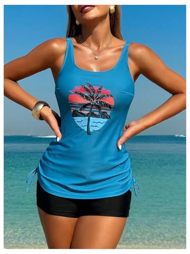 SweatyRocks Women's Tropical Print Tankini Swimsuit Drawstring Swim Top with Boyshorts Beachwear4