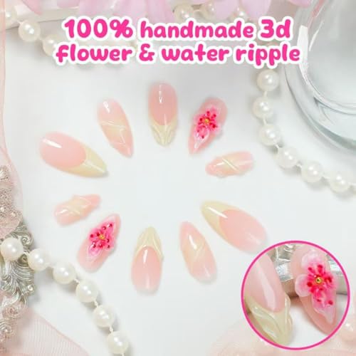 Image of Flower Press on Nails White French Tip Fake Nails Spring Nail Press ons 3D Floral Glue on Nails Medium Almond False Nails Glossy Artificial Acrylic Full Cover Stick on Nails for Women Manicure 24Pcs